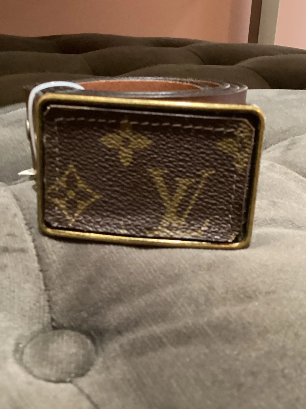 recycle Vuitton Brown Monogram Canvas Belt‎ with Gold Buckle